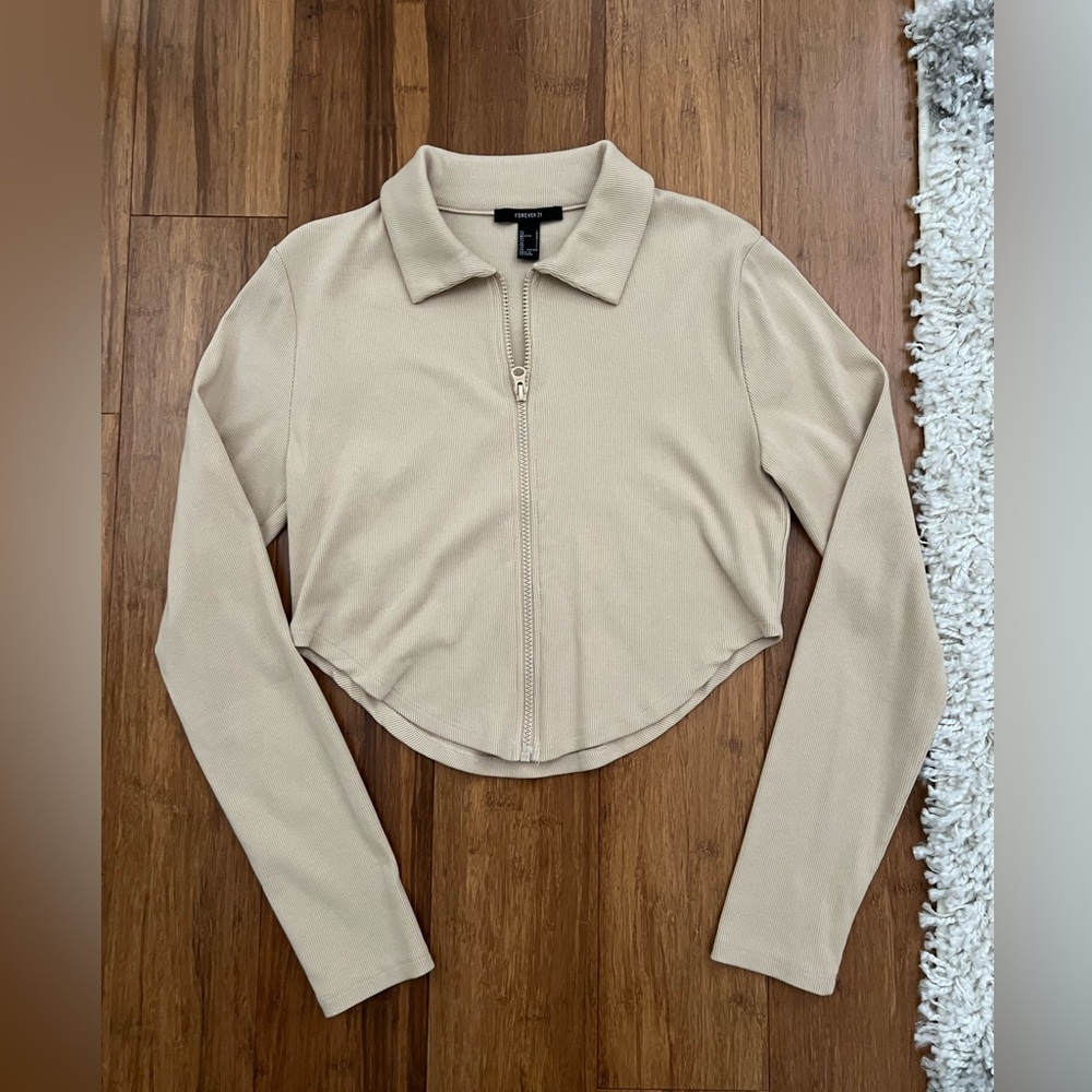 Forever 21 Cream Ribbed Zip-Up Top